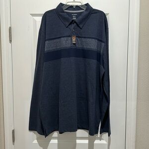 Van Heusen Chest Stripe Stain Shield Long Sleeve‎ Polo - Blue 2XLT Big & Tall
